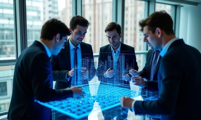 Team of professionals collaborating around digital data displays