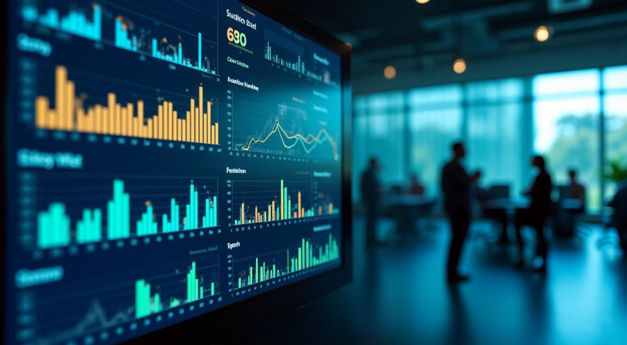 Data visualization dashboard showing growth curves and financial ROI metrics